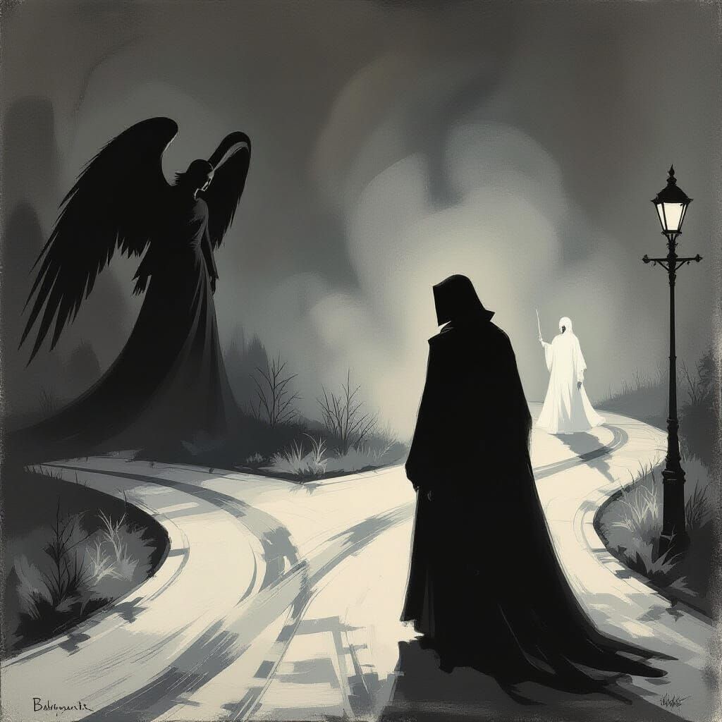 Figure at Crossroads with Angel and Magician