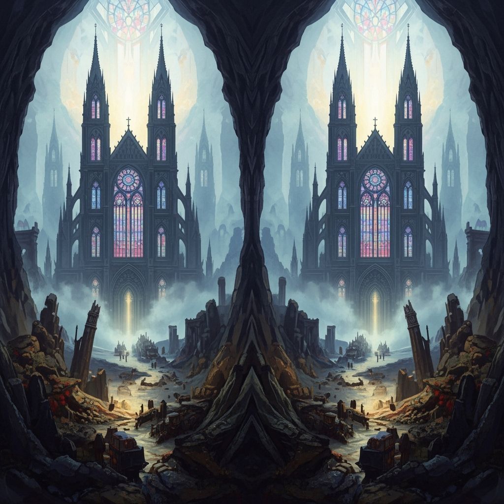 Gothic Cathedral in Steampunk Landscape: Fantasy Horror Art