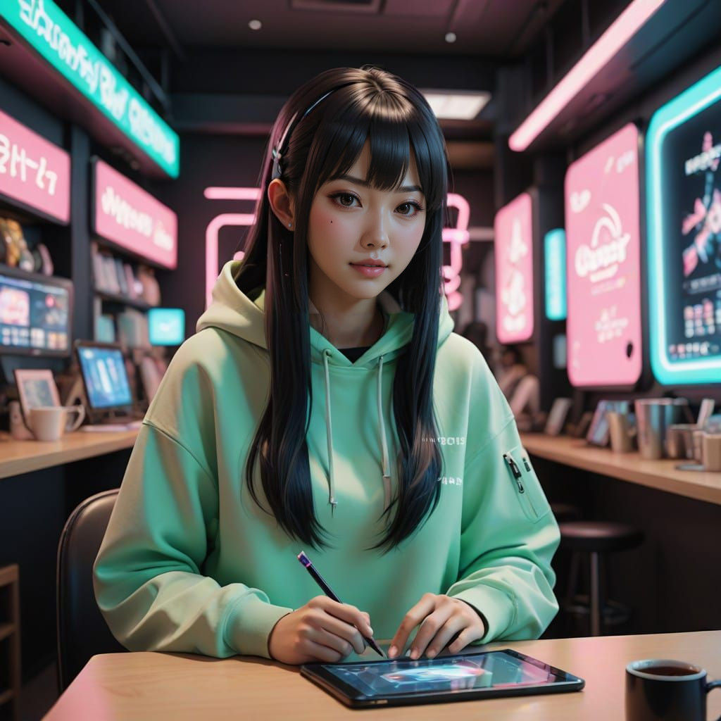 Cyberpunk Maid Cafe Scene with Japanes Tall Girl Artist