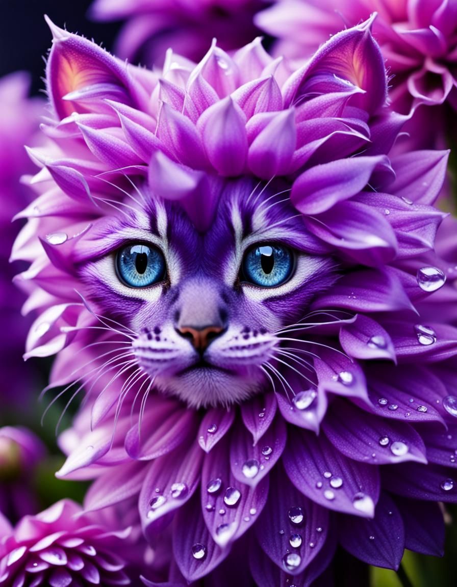 Kitten Hiding in Dew-Kissed Purple Dahlia