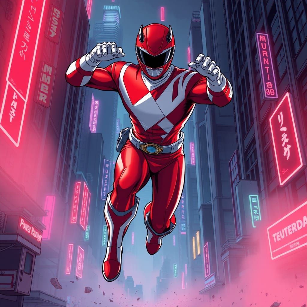 Crimson Armored Hero in Dystopian Cityscape