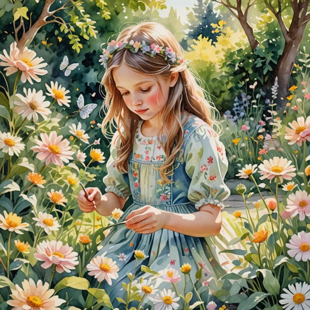 Girl Playing in Garden, Whimsical Watercolor Illustration