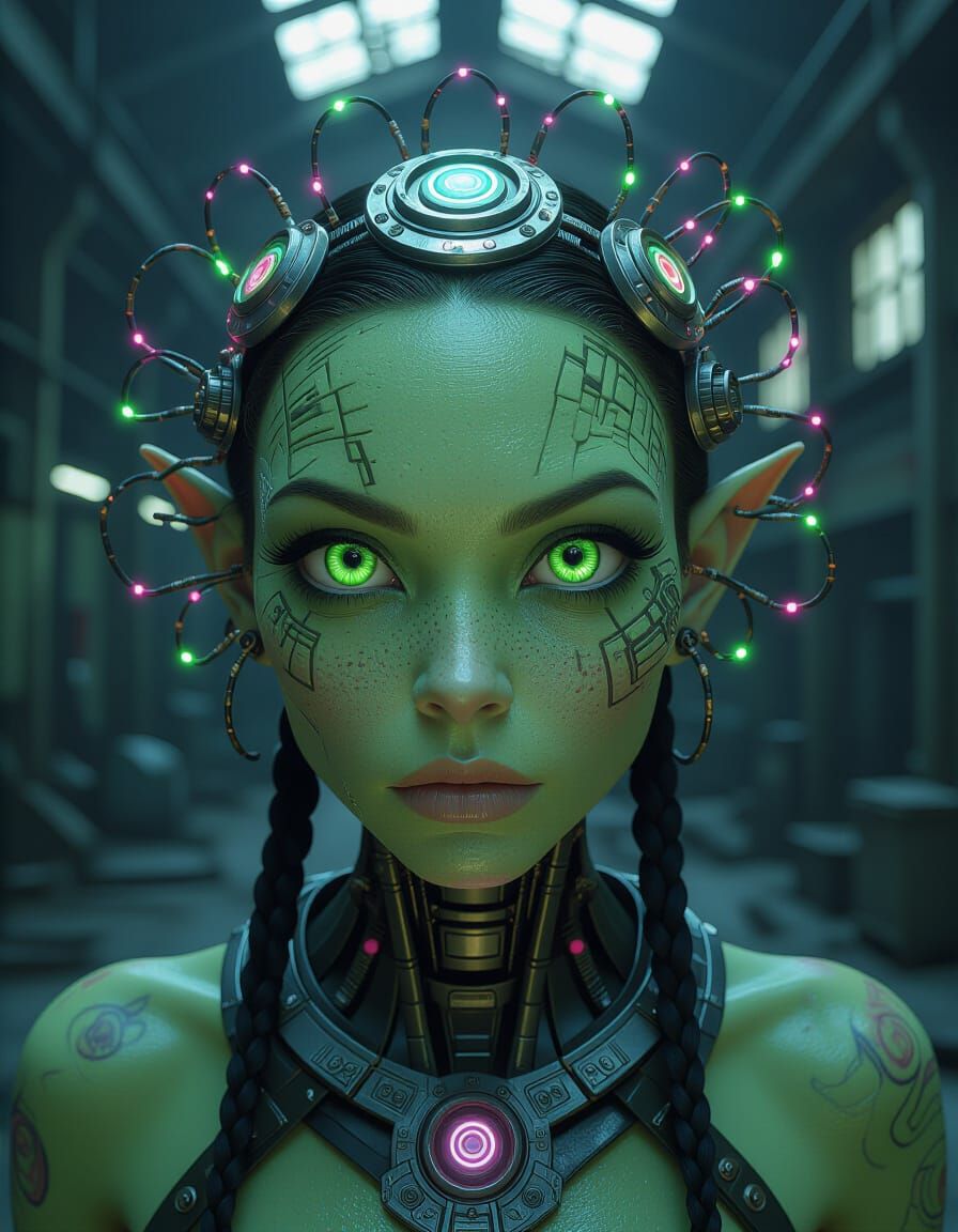 Cybernetic Orc Hacker in Neon Factory