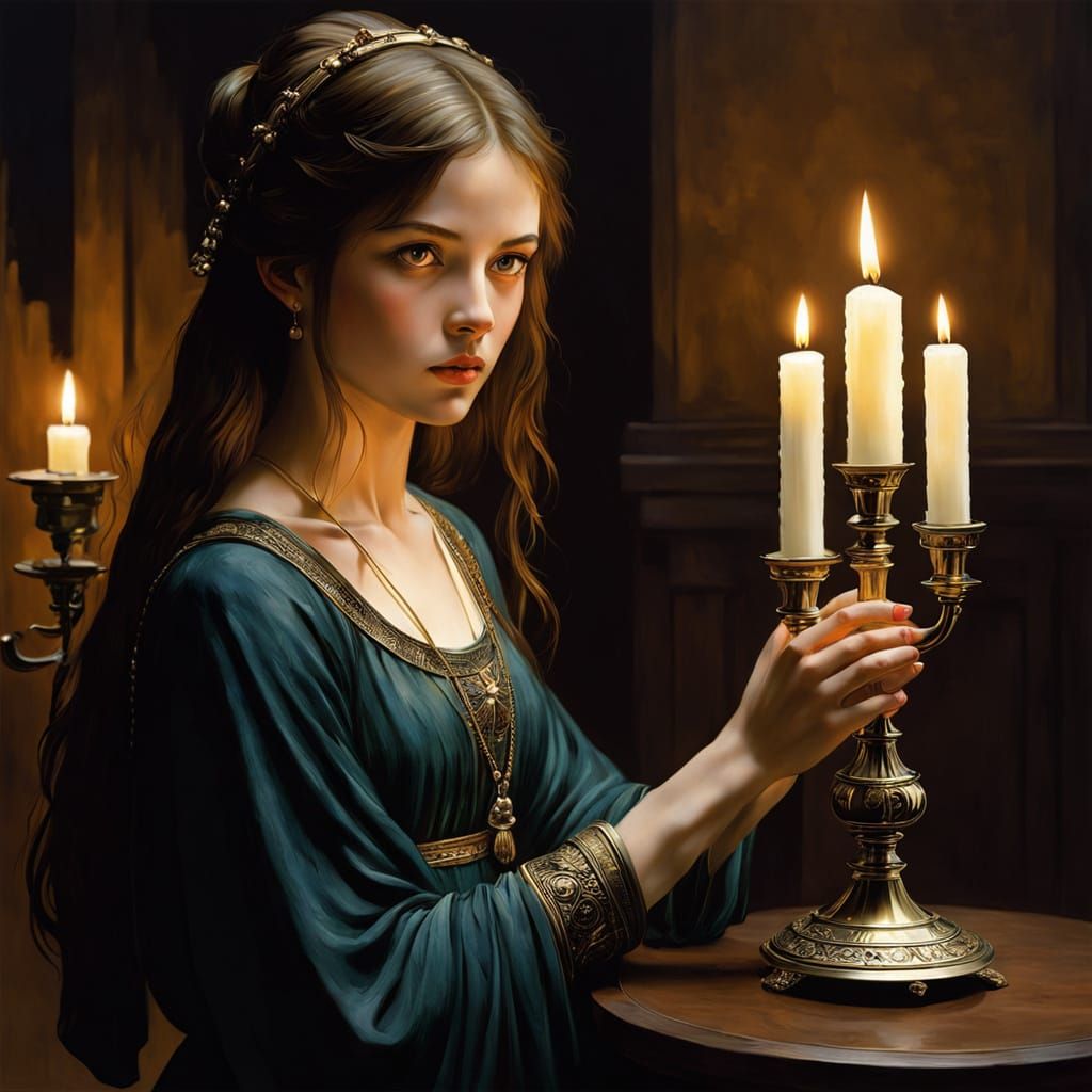 A Woman Illuminated by Soft Candlelight in Chiaroscuro Style