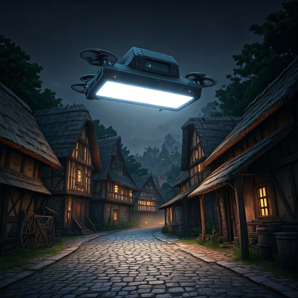 Cyberpunk Drone Lights Medieval Village in Darkness