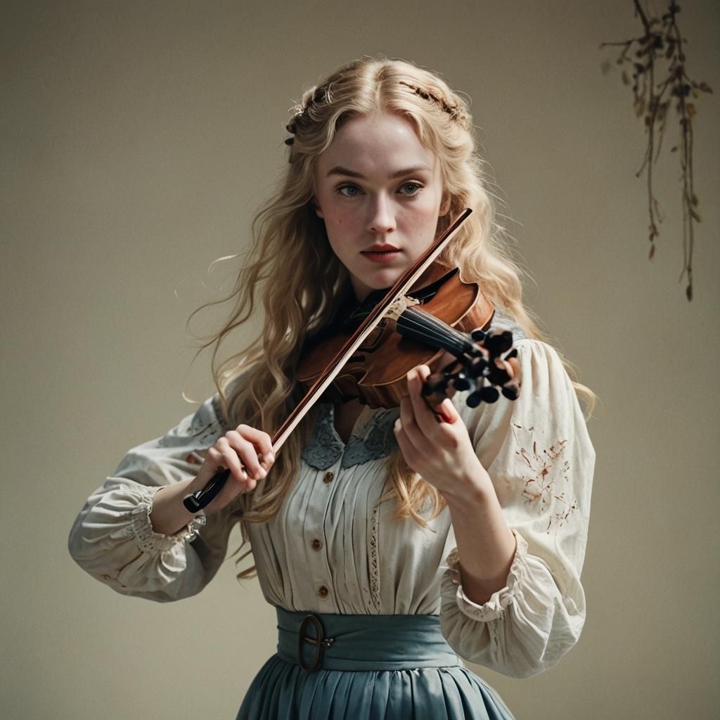 Victorian Woman Plays Violin in Soft Moonlight