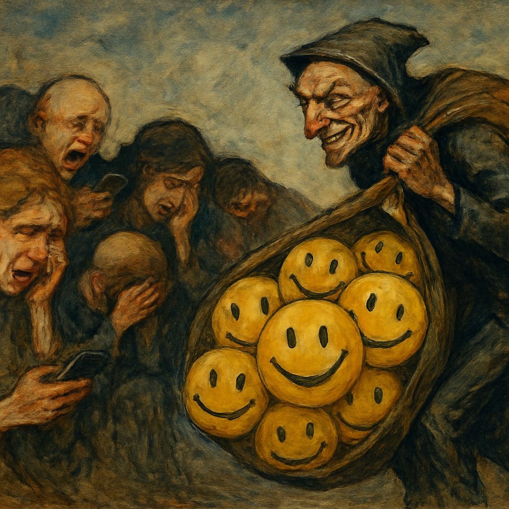 Super Villain Stealing Smileys: Gouache and Watercolor