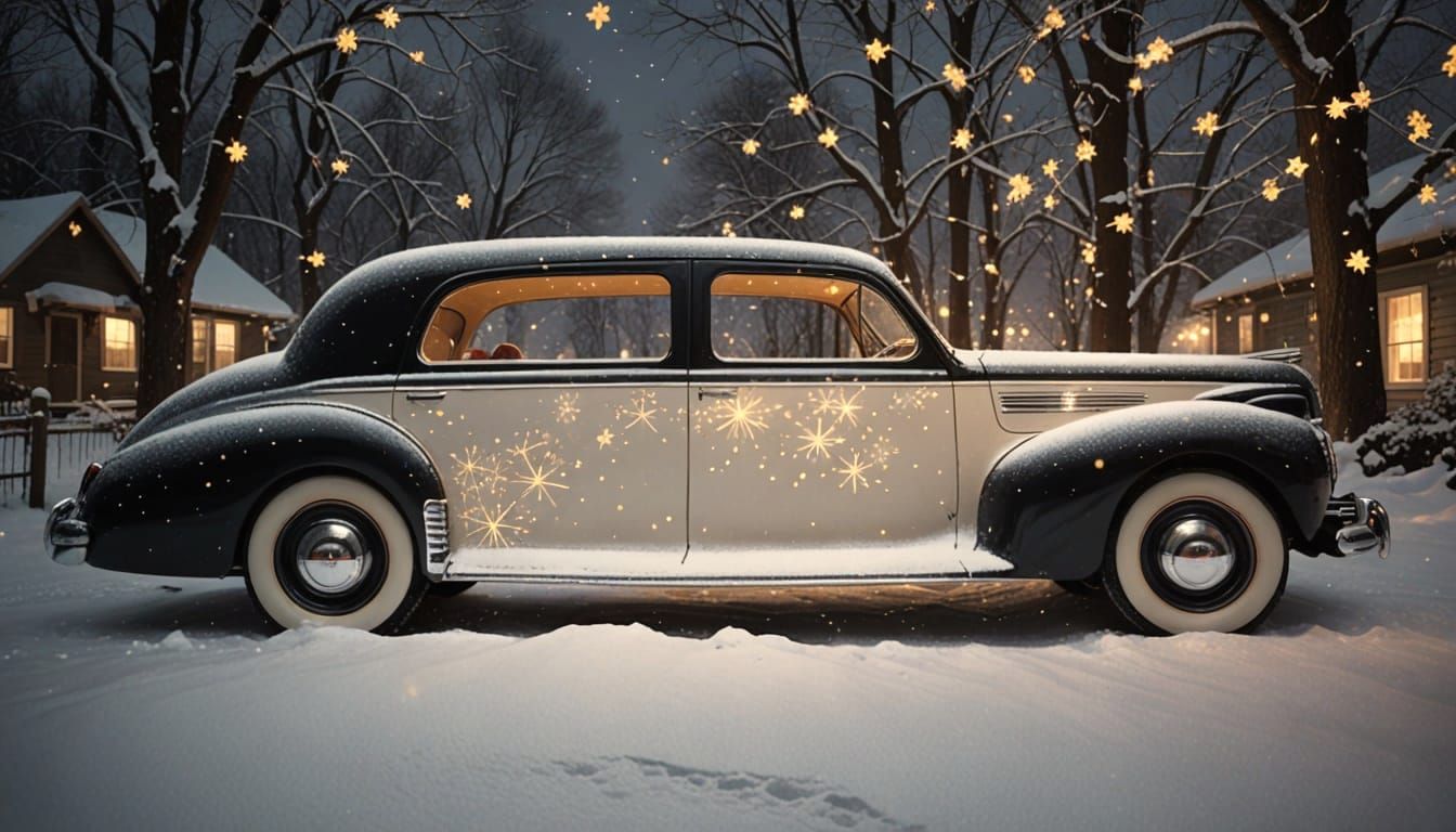 Vintage Limousine Races Through Snowy Twilight