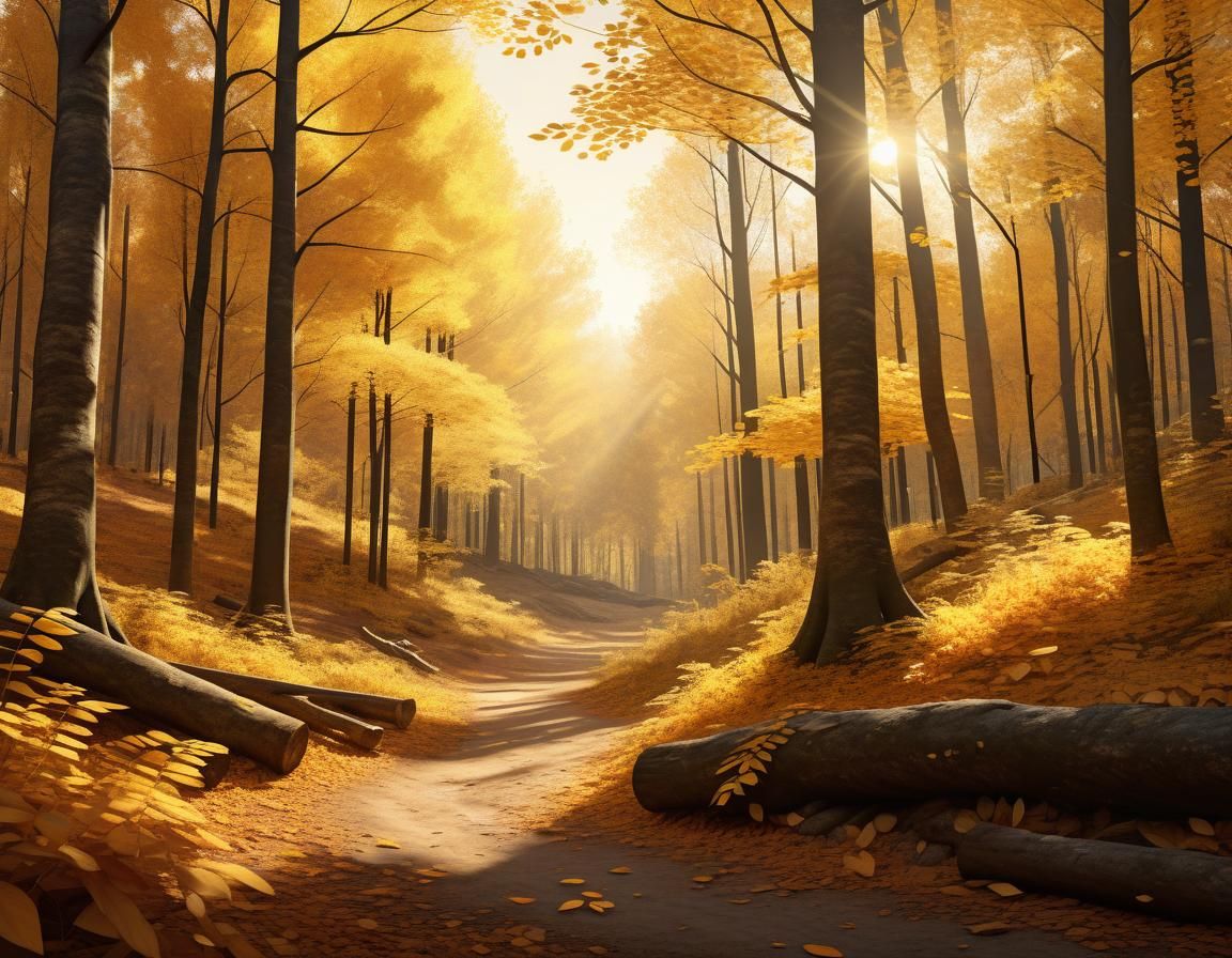 Picturesque Autumn Forest Scene in Hyper-Realistic Style