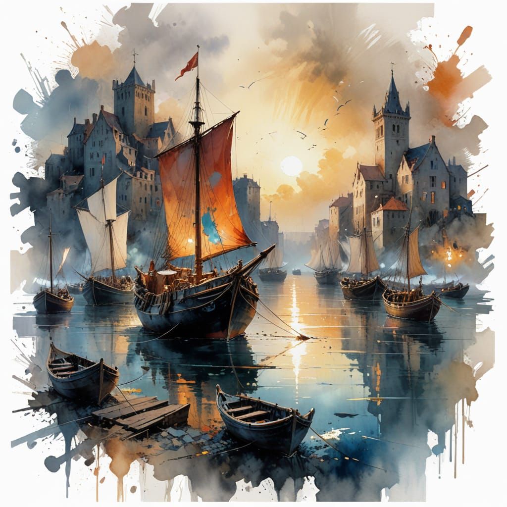 Medieval Harbor at Dawn: Hyper-Realistic Watercolor Art