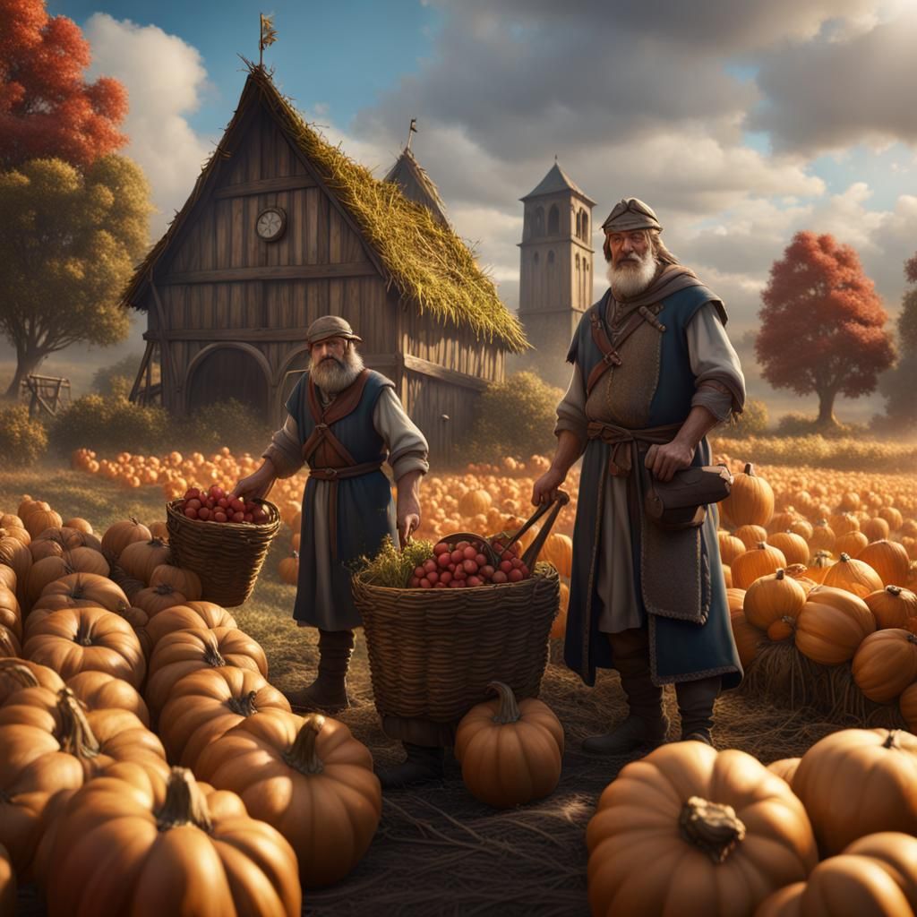 Medieval Farmers Harvesting Crops: Detailed Fantasy Art