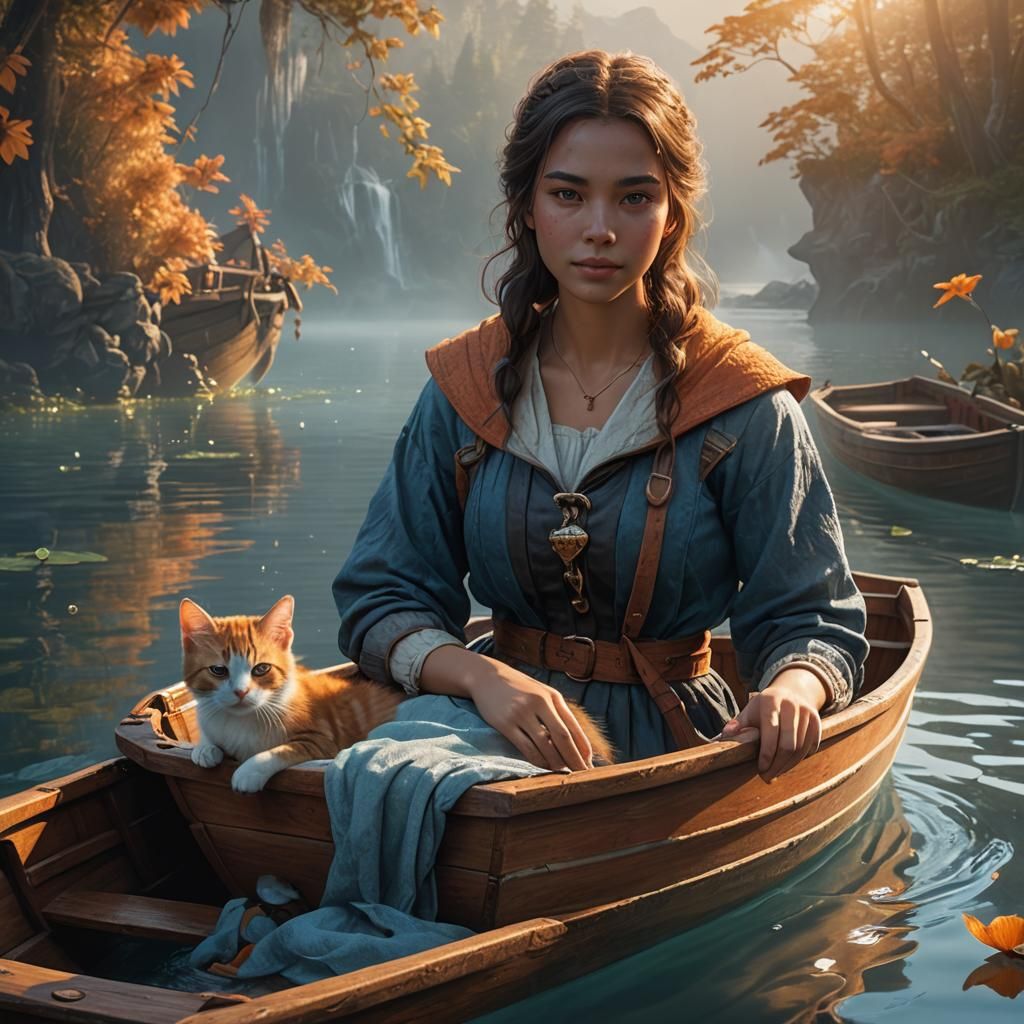 Girl with Kitten in Boat: Fantasy Art