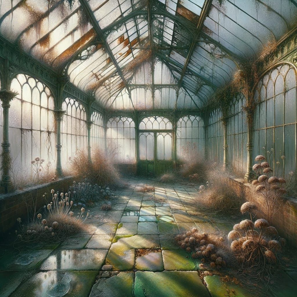 Abandoned Victorian Greenhouse with Tangled Ivy
