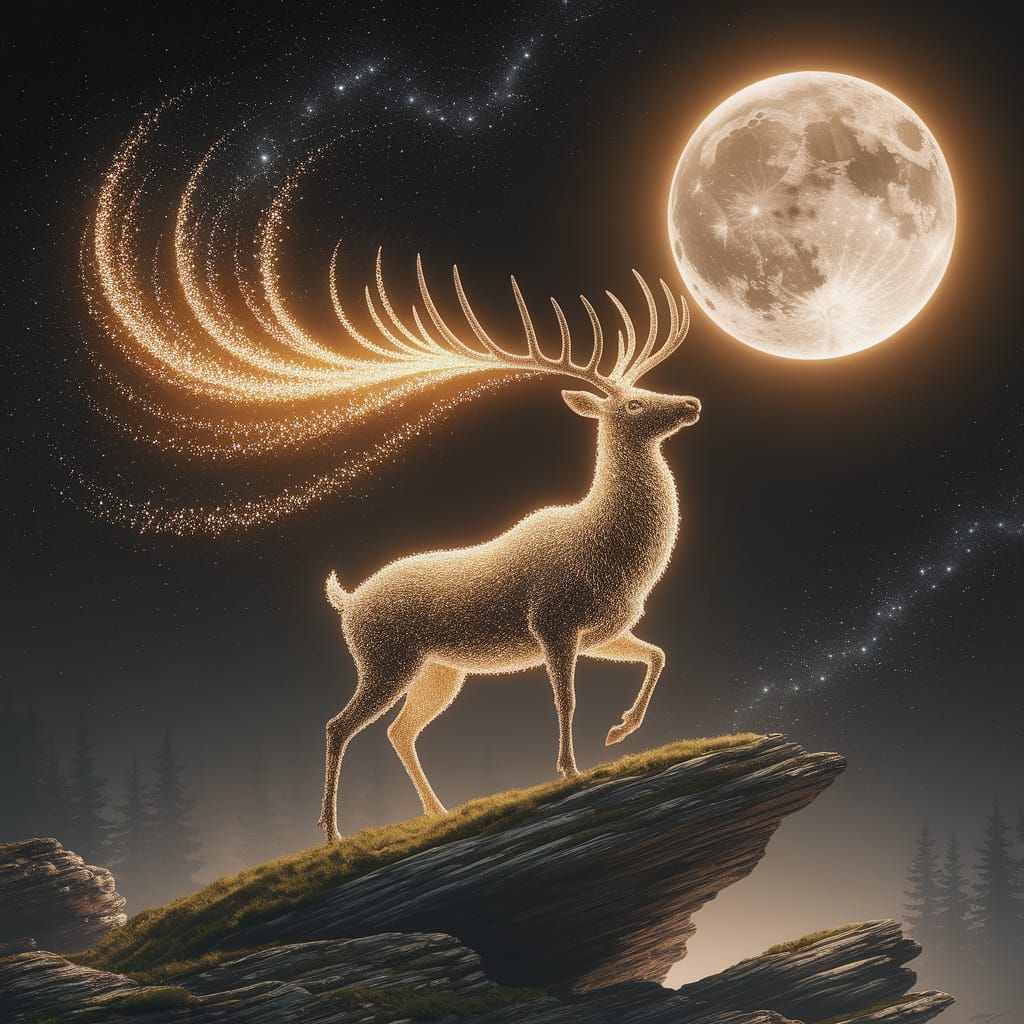 Majestic Golden Deer of Light Under a Starry Moonlit Sky
