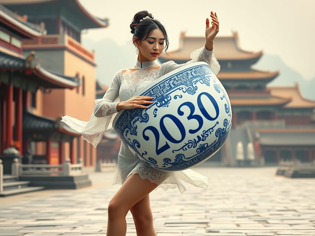 Elegant Woman Poses with Porcelain Bowl in Ancient Setting