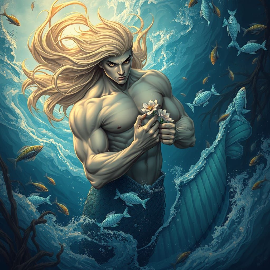 Submerged Mermaid with Fierce Gaze