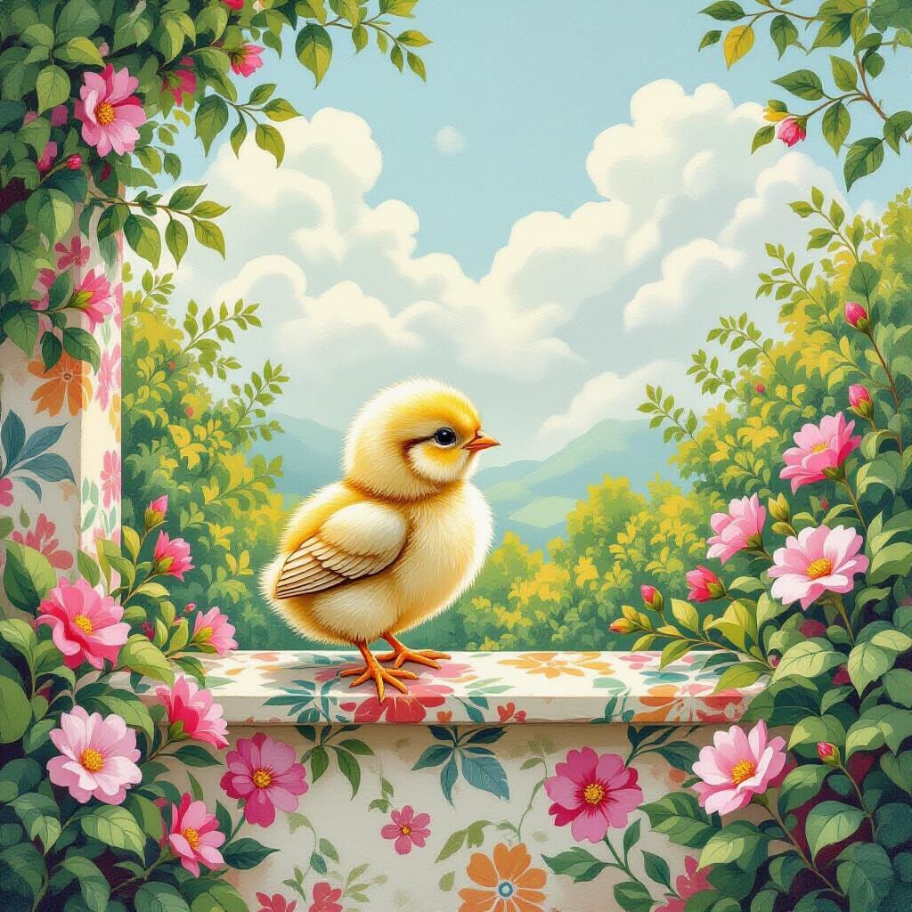 Chick on Tapestry in Pastel Whimsical Style