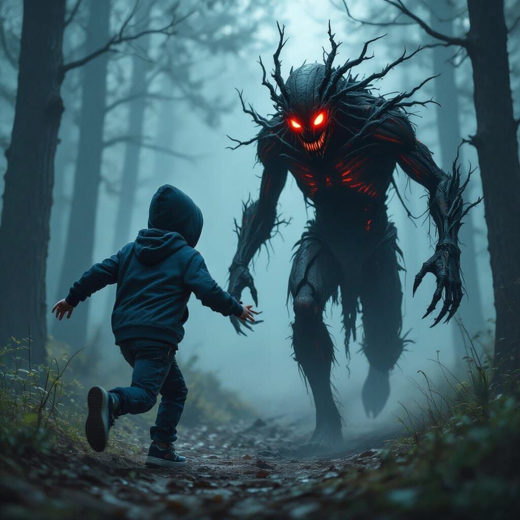 Eerie Forest Stalker Chasing Kid: Biomechanical Style
