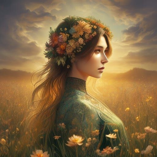 Art Nouveau Beauty in Floral Field