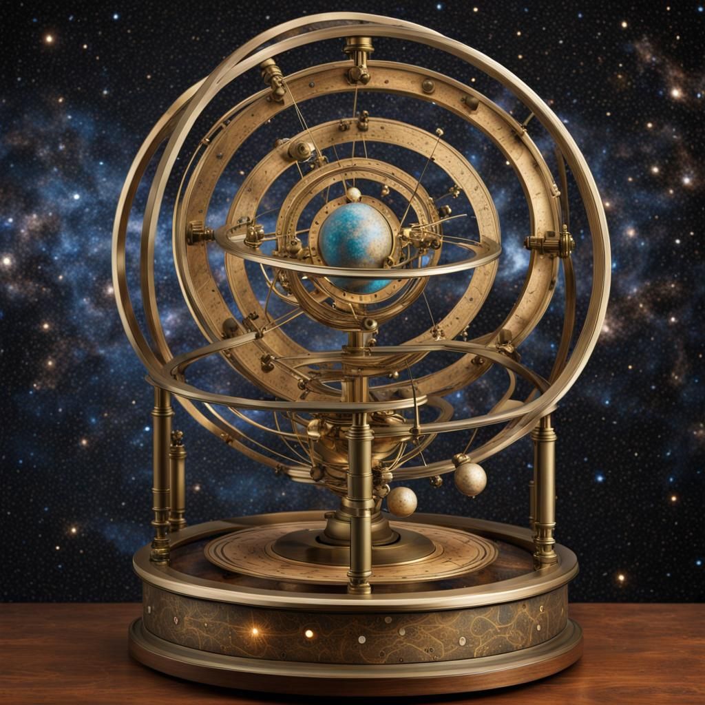 Colossal Brass Orrery with Gemstones in Nebula