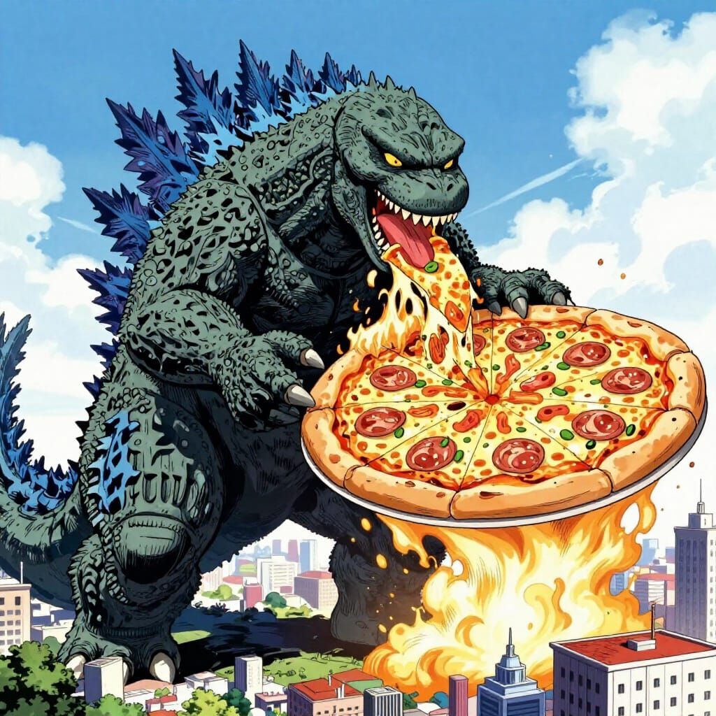 Godzilla Eats Giant Pizza in Anime Style