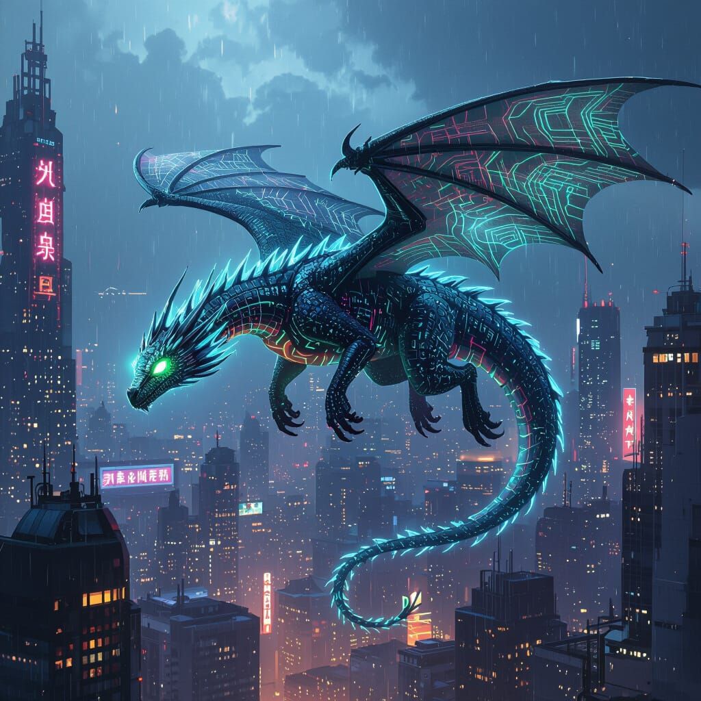 Bioluminescent Dragon Soaring Over Future City