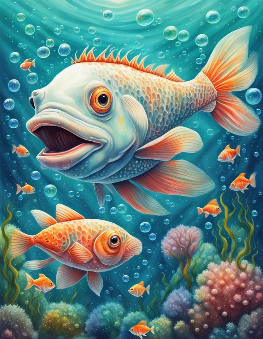 Albino Fish Caricature in Surreal Undersea World