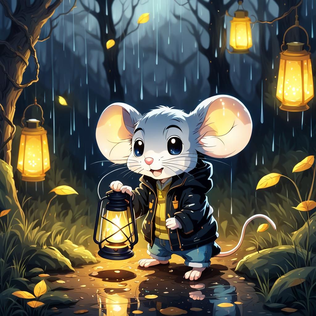 Anime Mouse in Forest with Lantern