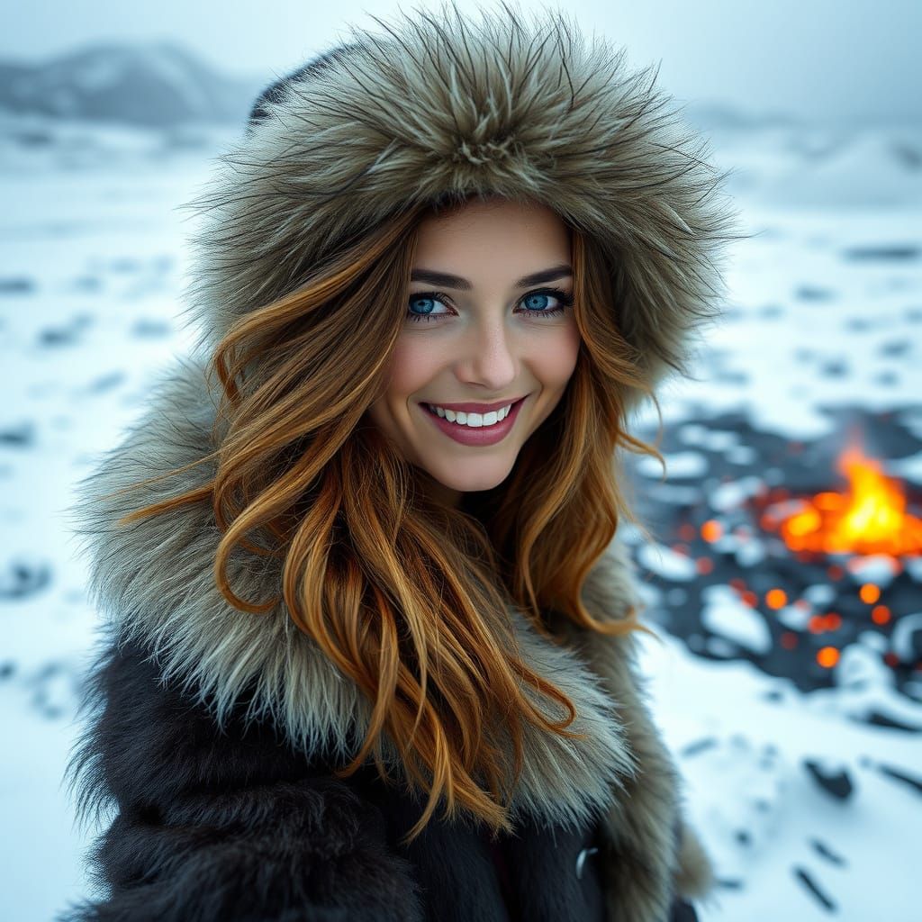 Hyperrealistic Woman in Icelandic Winter Wonderland