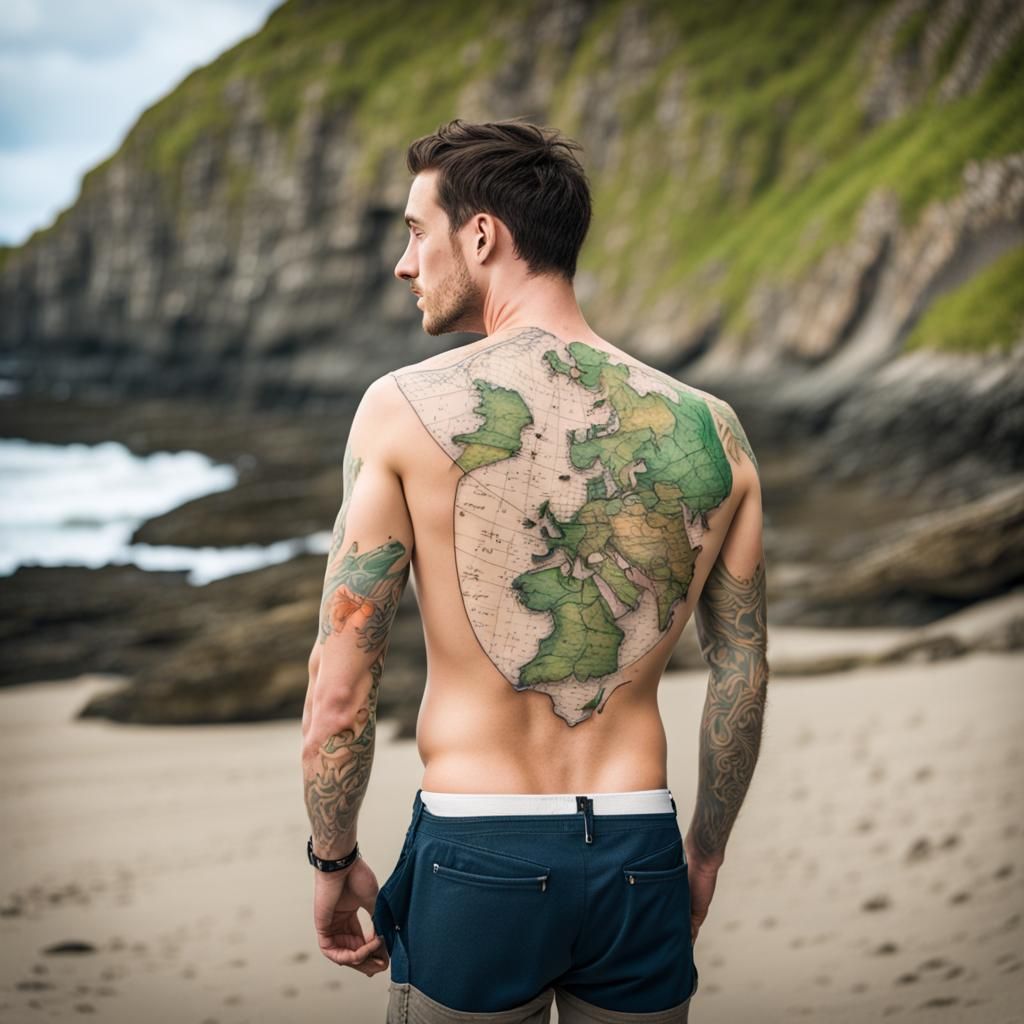 Man with Ireland Map Tattoo on Beach