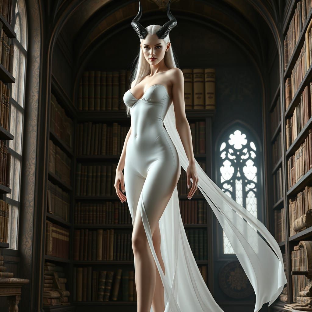 Ethereal Woman in Ancient Library