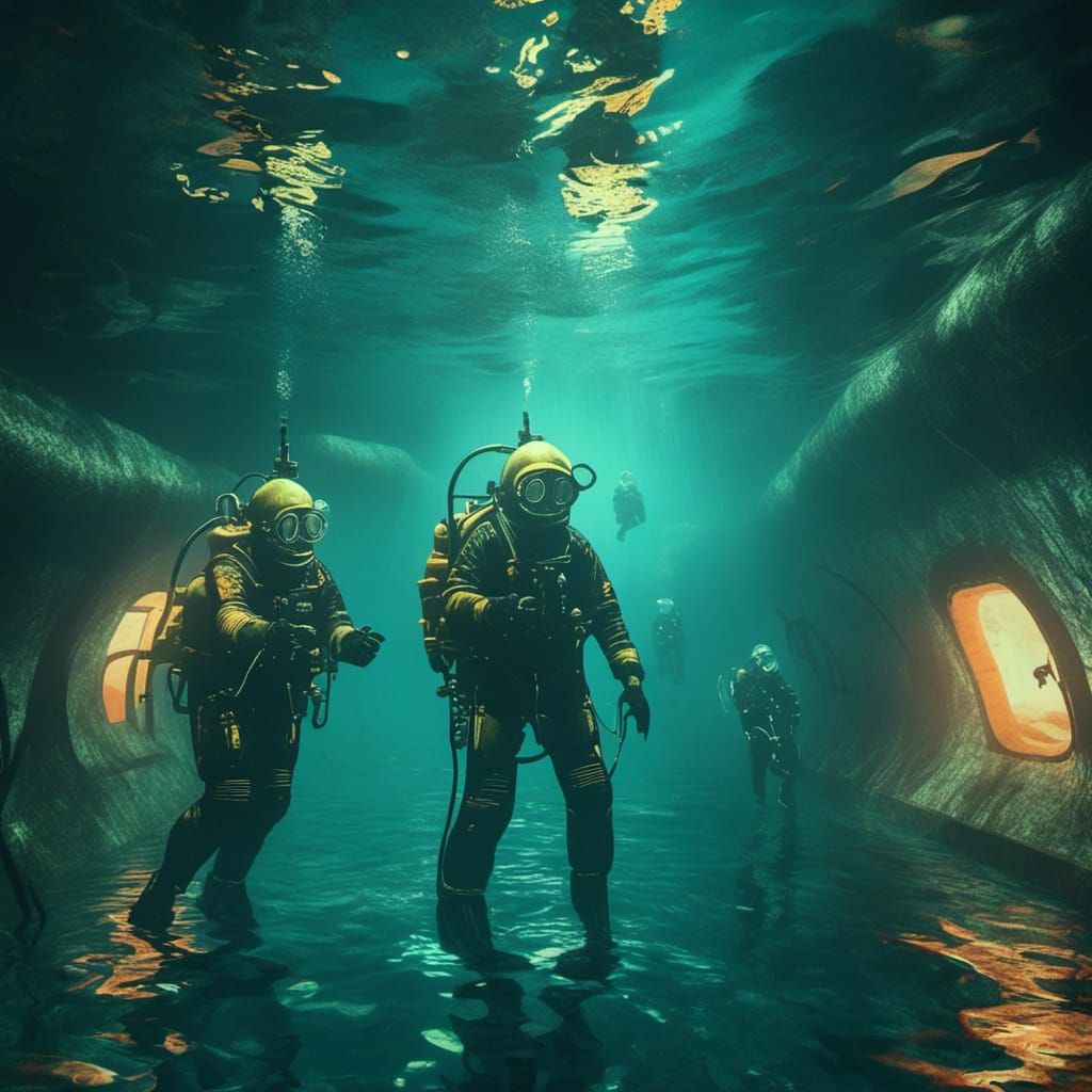 Submerged Divers in Liminal Tunnel
