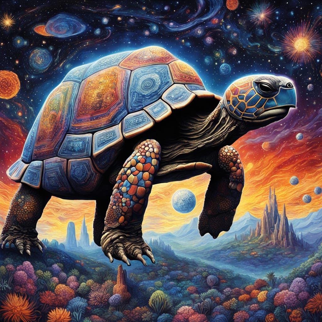 Celestial Tortoise Carries City: Cosmic Surrealism