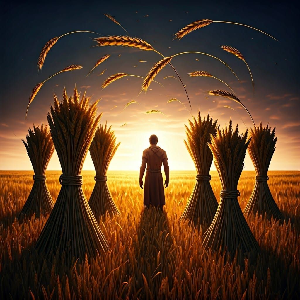 Regal Man Amidst Vibrant Wheat Bundles in Golden Light