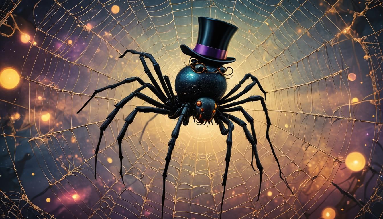 Whimsical Spider in Top Hat on Cosmic Web