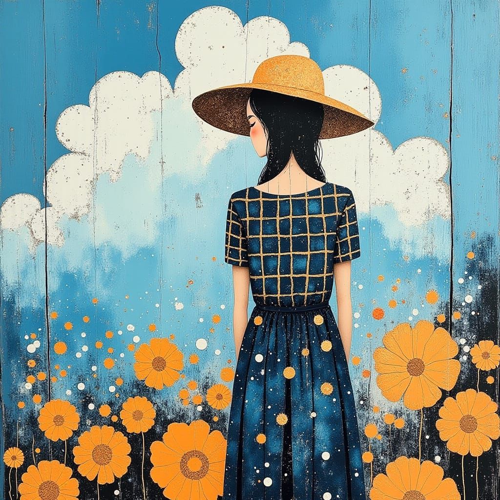 Stylish Gingham Outfit in Whimsical Dreamy Landscape