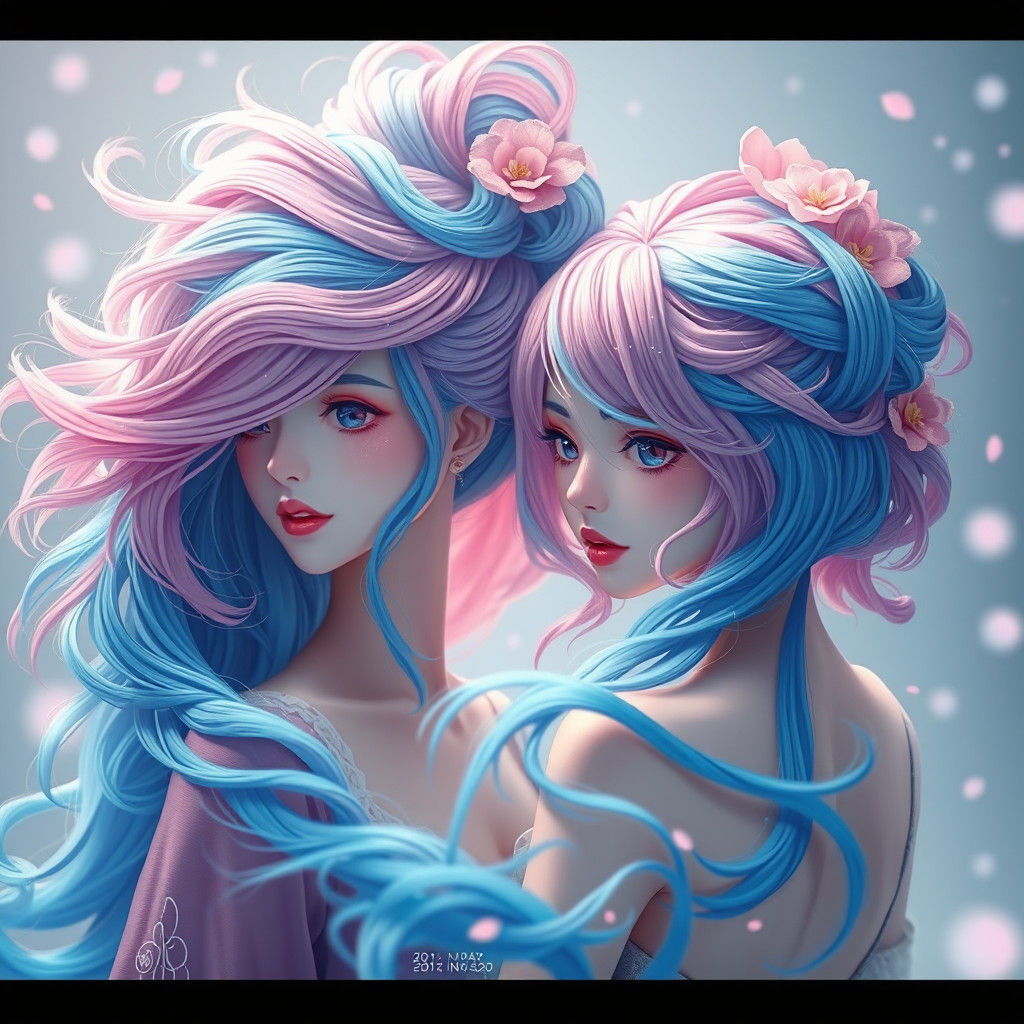 Anime Women with Blue and Pink Hair