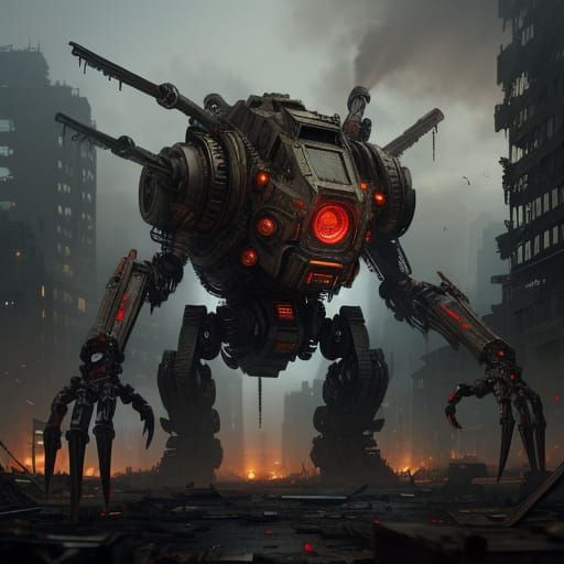 Mechanical Spider in Dystopian Cityscape