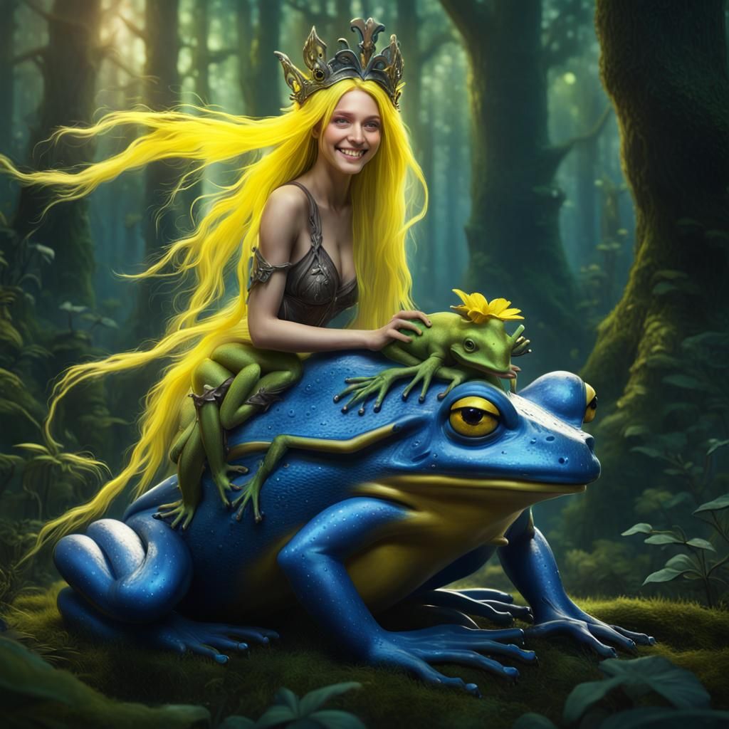 Fairy Riding Blue Frog in Forest Glade