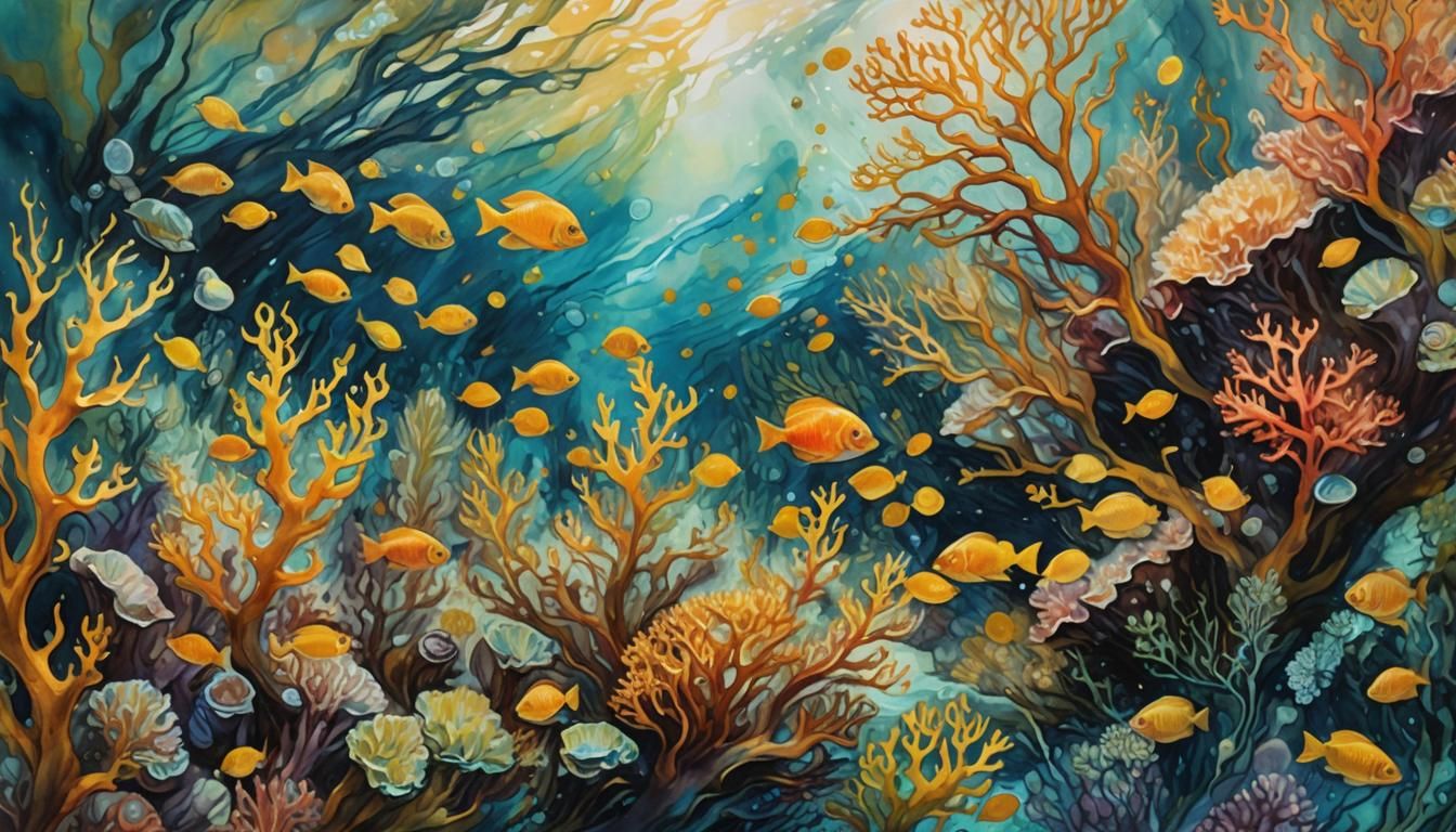 Enchanted Coral Reef: Impressionist Seascape in Golden Light