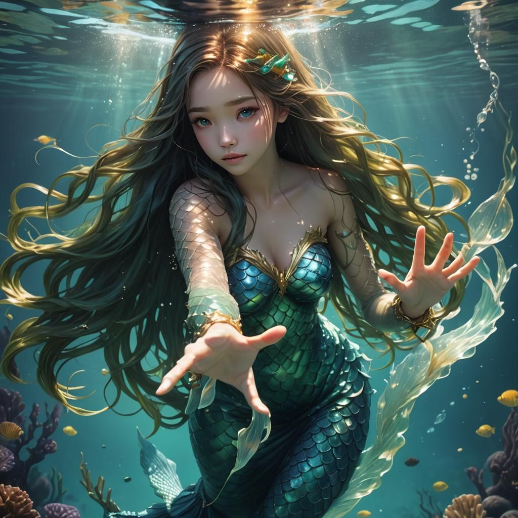 Anime Mermaid Swimming Underwater in Hyper-Realistic 3D