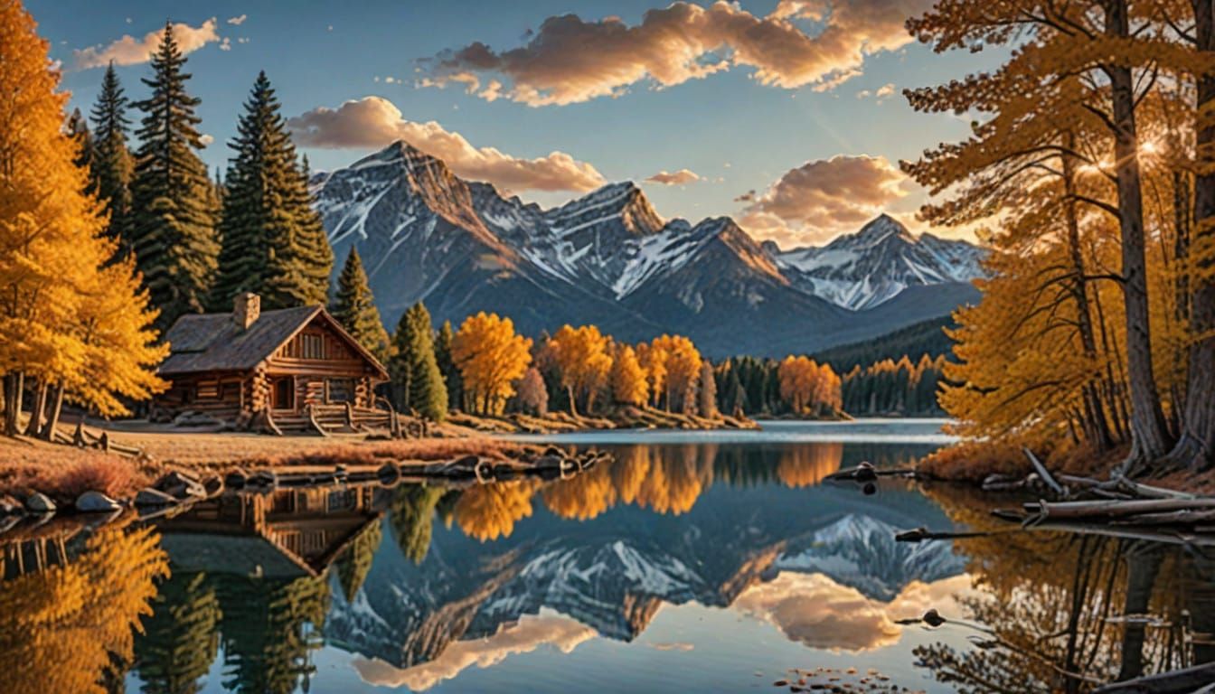 Serenely Captured Sunset Scene with Majestic Mountains and L...