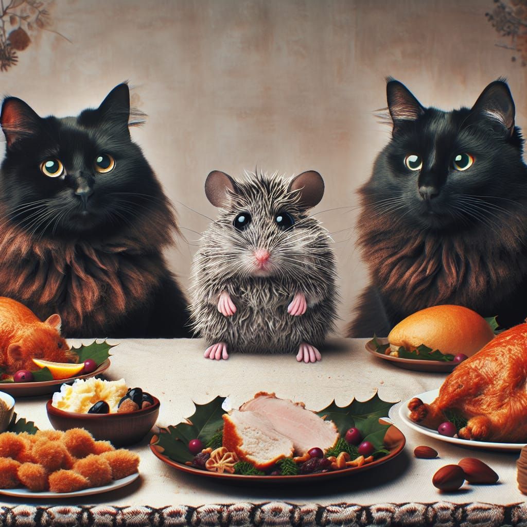 Winter Wonderland Scene of Cats and Whimsical Creature