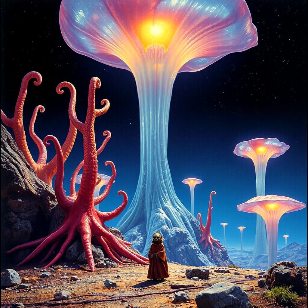 Cosmic Landscape with Gravity-Defying Flora and Alien