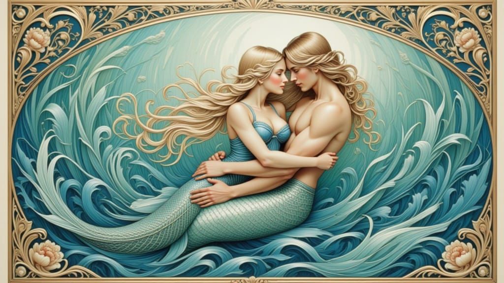 Ethereal Mermaid Embrace in Art Nouveau Style