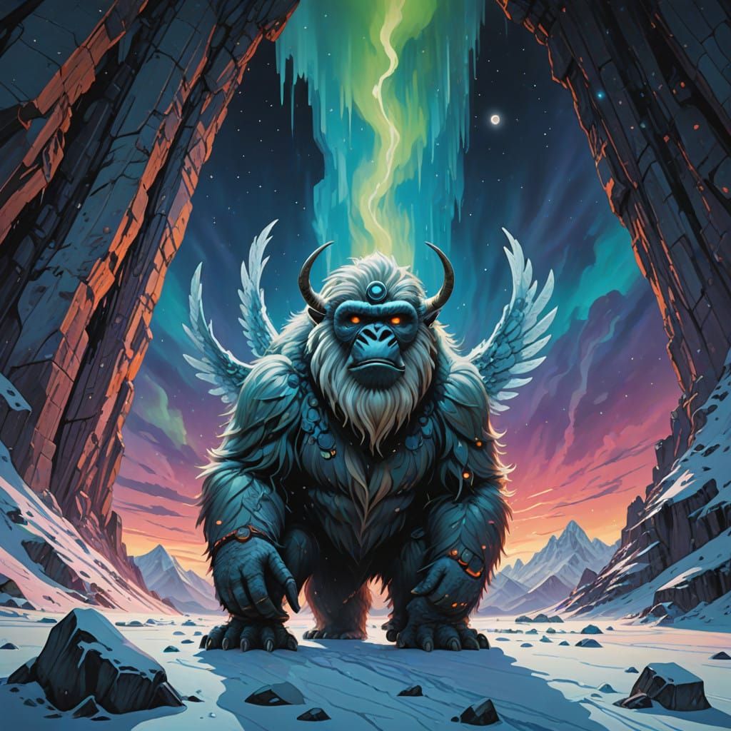 Majestic Yeti in Flight Over Himalayan Ice Cavern in Aurora ...