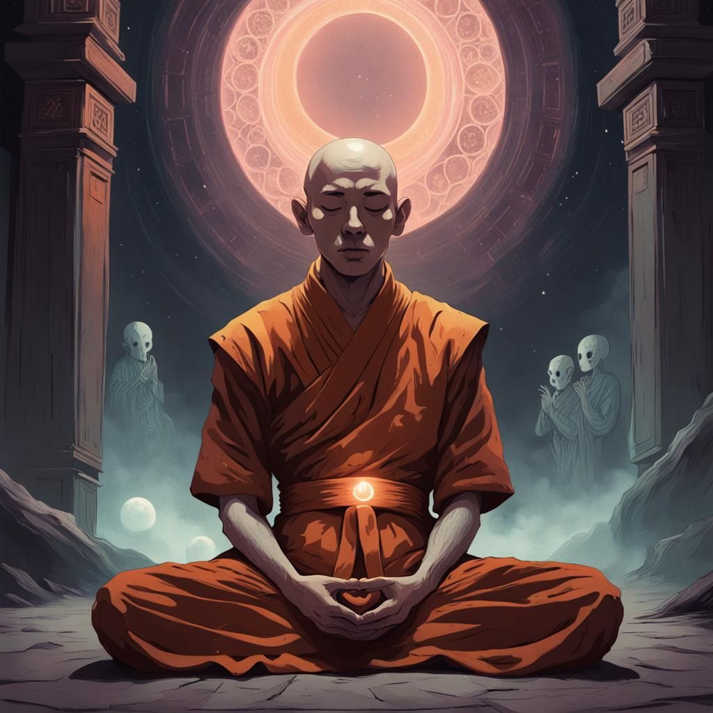 Meditating Monk in Spooky Auroracore Space