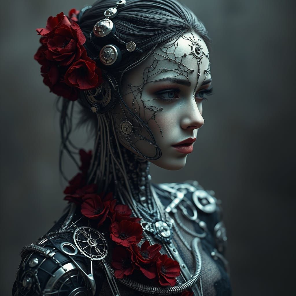 Elegant Lace Cyborg with Intricate Metalwork and Delicate Fe...