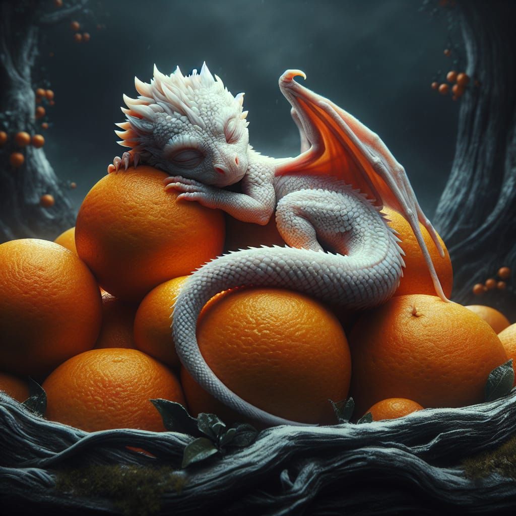 Baby White Dragon Dreams on Orange Pile