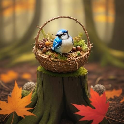 Blue Jay's Woodland Feast: Impressionist Forest Scene